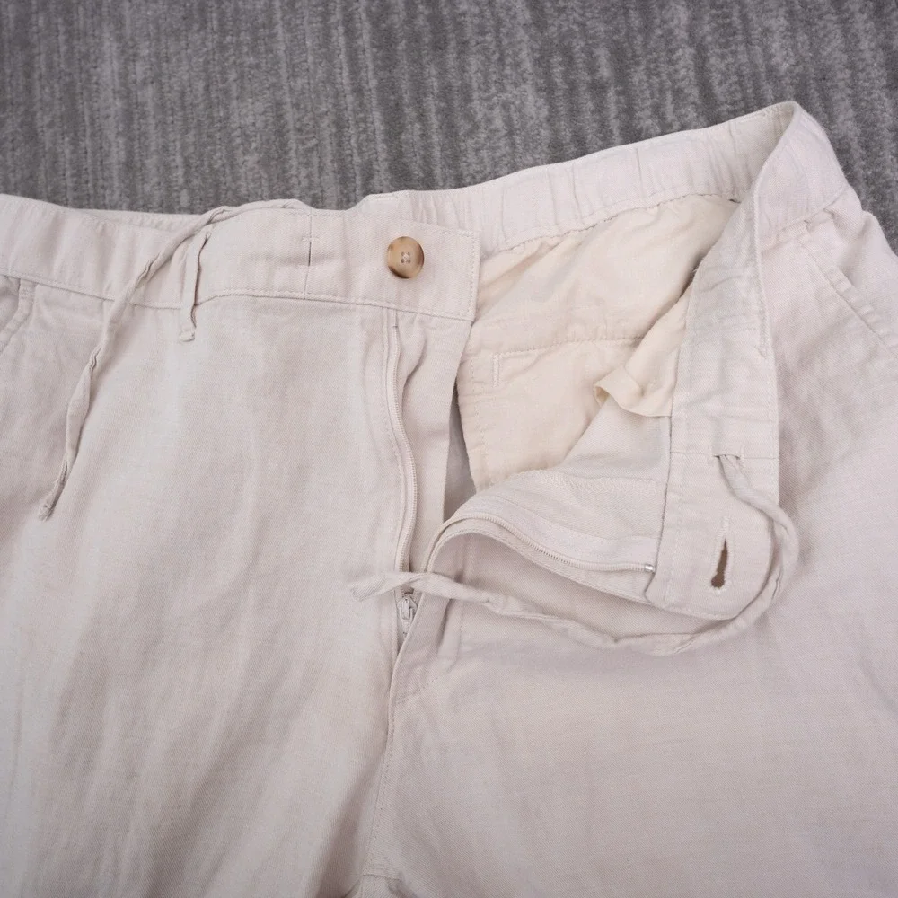 Uniqlo Linen Blend Pants Mens L Beige Excellent Drawstring Straight Leg Trousers